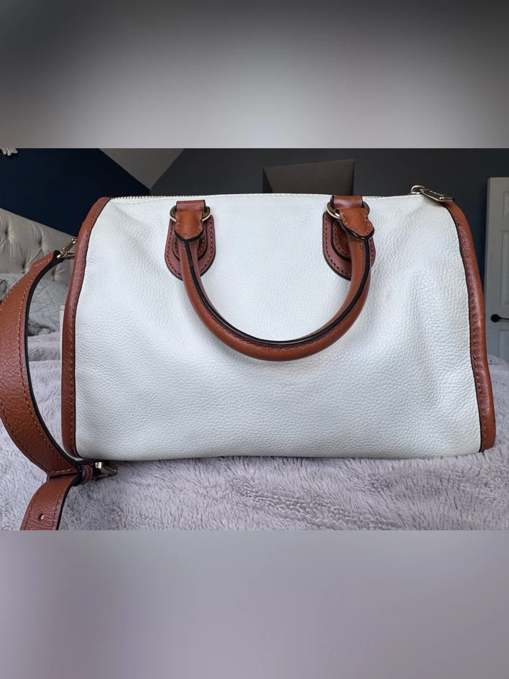 Michael Kors White and Brown Leather MK Logo Satchel